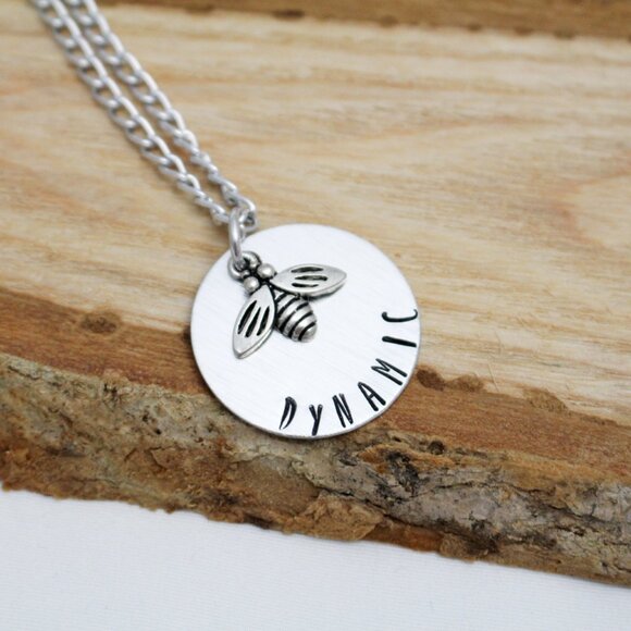 Bee Dynamic Hand Stamped Necklace - 18" Chain - Handmade & Hypoallergenic - Picture 2 of 6